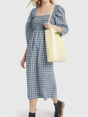 Ganni Blue Plaid Smocked Square-Neck Midi Dress Seersucker Shirred